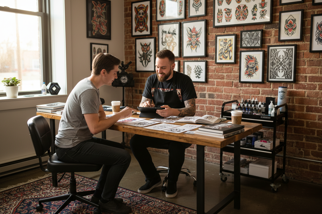 Снимка или илюстрация на човек, който гледа дизайни или обсъжда с татуист
или