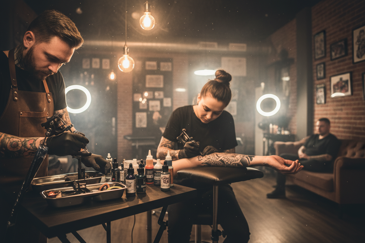 A cinematic slow-motion walkthrough inside a modern tattoo studio, warm and moody lighting, tattoo artist preparing tools, close-up shots of ink bottles, tattoo machine buzzing, focus on a tattoo artist carefully working on a client’s arm, depth of field, professional photography style.