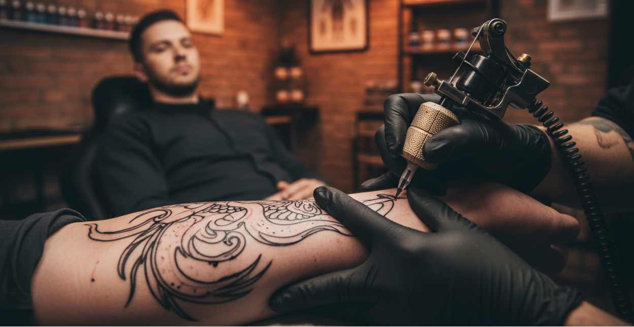 a realistic scene of a tattoo artist working on a client's arm in a modern tattoo studio, moody lighting, focus on tattoo machine and ink, cinematic depth of field, artistic vibe, professional photography style