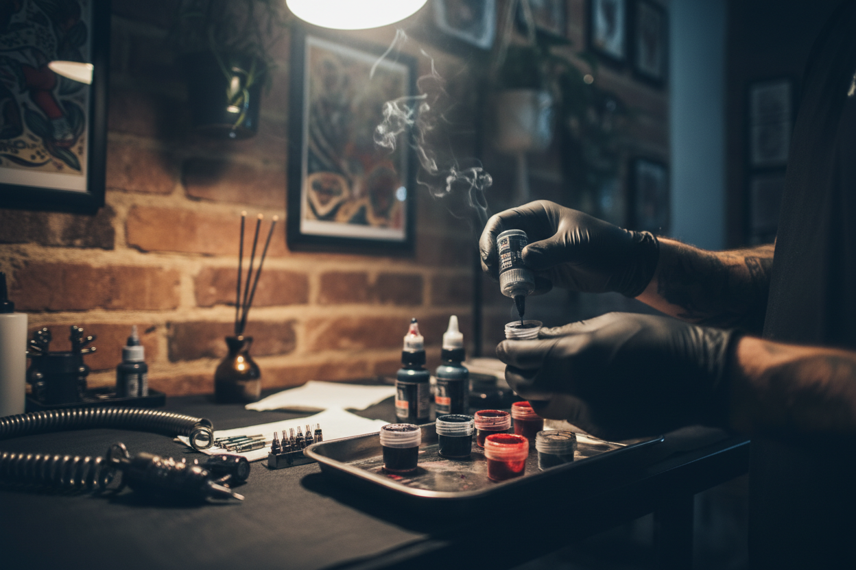 dark tattoo studio interior, close-up of tattoo artist’s hands preparing ink, soft camera motion, dramatic light contrast, moody cinematic atmosphere
