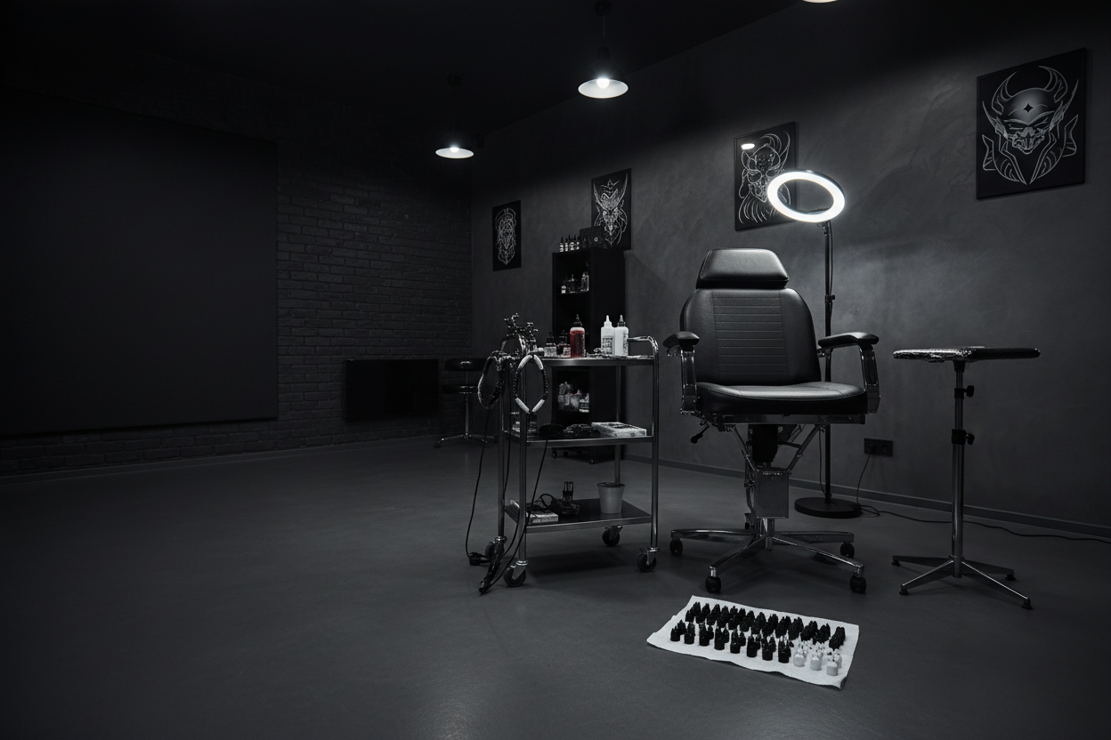 tattoo studio with dark background because i will put text on it